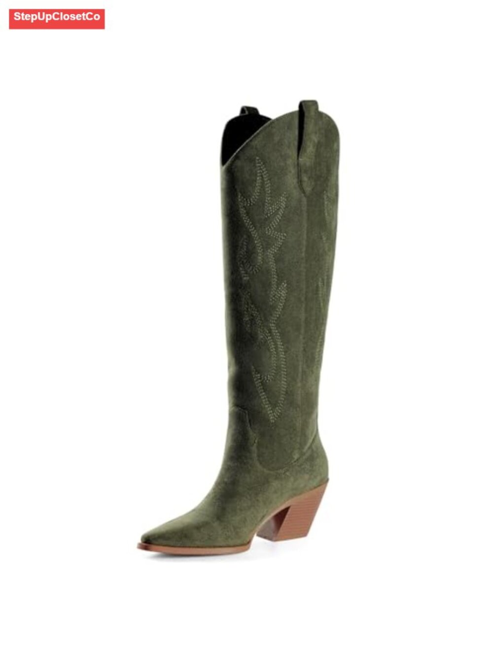 Faux Suede Cowboy Boots Knee High Pointed Toe Block Heel Western Embroidered